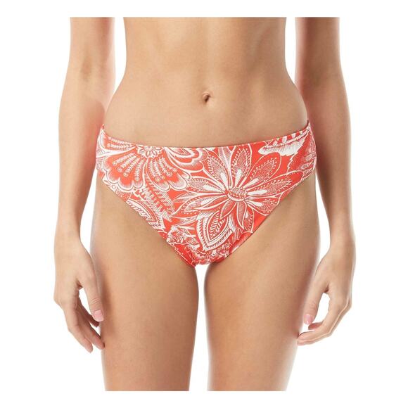 VINCE CAMUTO Red Floral Stripe Bikini Reversible High Leg Swimsuit Bottom L New - Picture 1 of 5